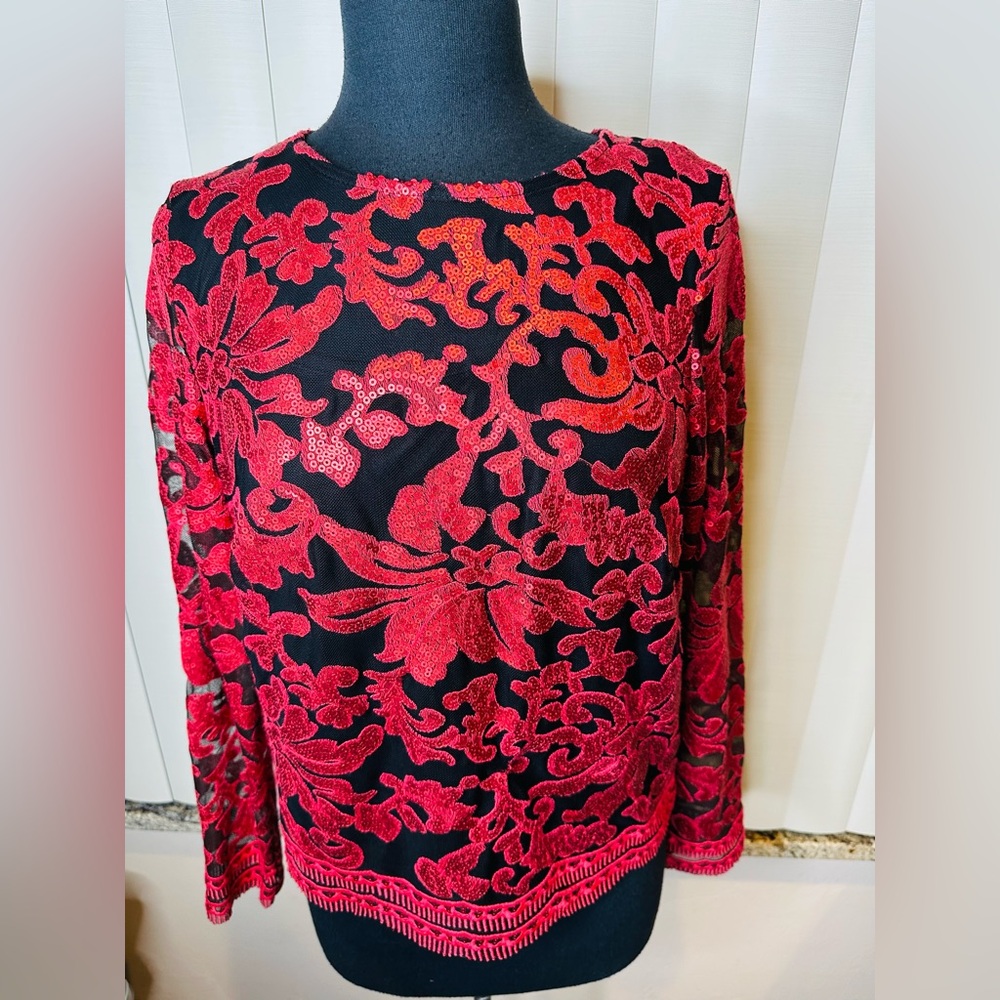 Marina Red Black Lightly Sequined Embroidered Swirl Mesh Blouse Size Medium